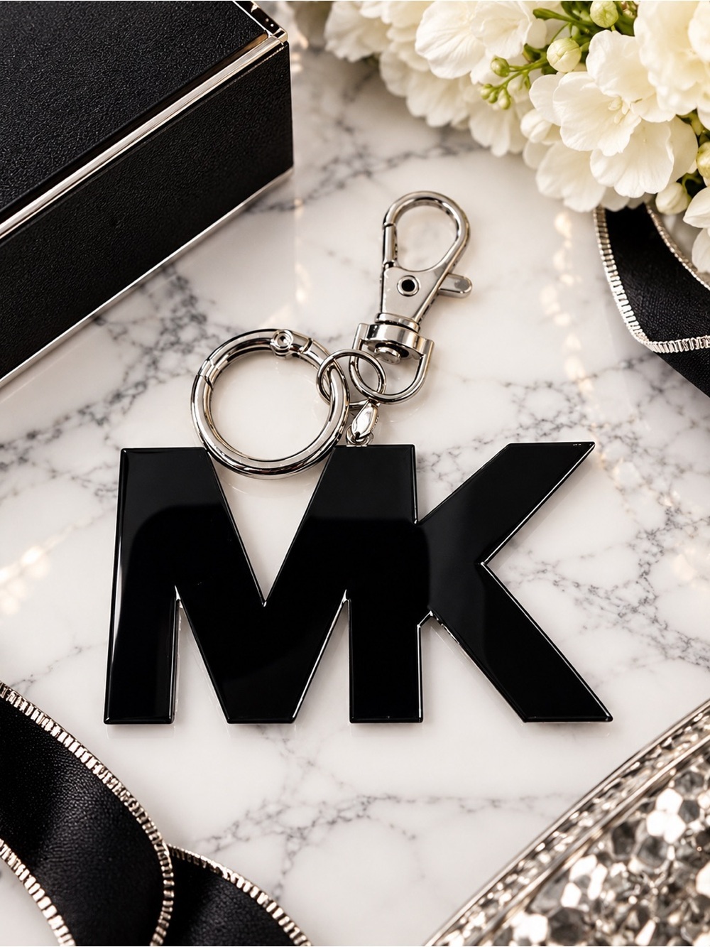 Handcrafted Black MK Style Bag Charm Keychain | Silver Tone Hardware
